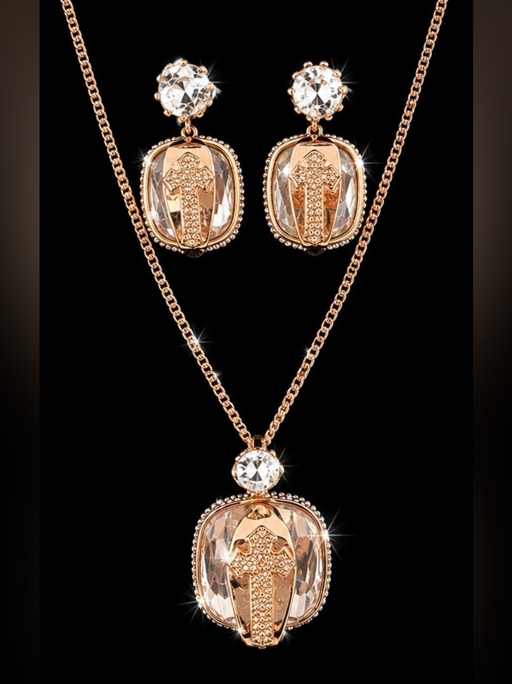 NWT Rodrigo Otazu Rare Swarovski Crystal Cross Necklace Earring Set, Pristine